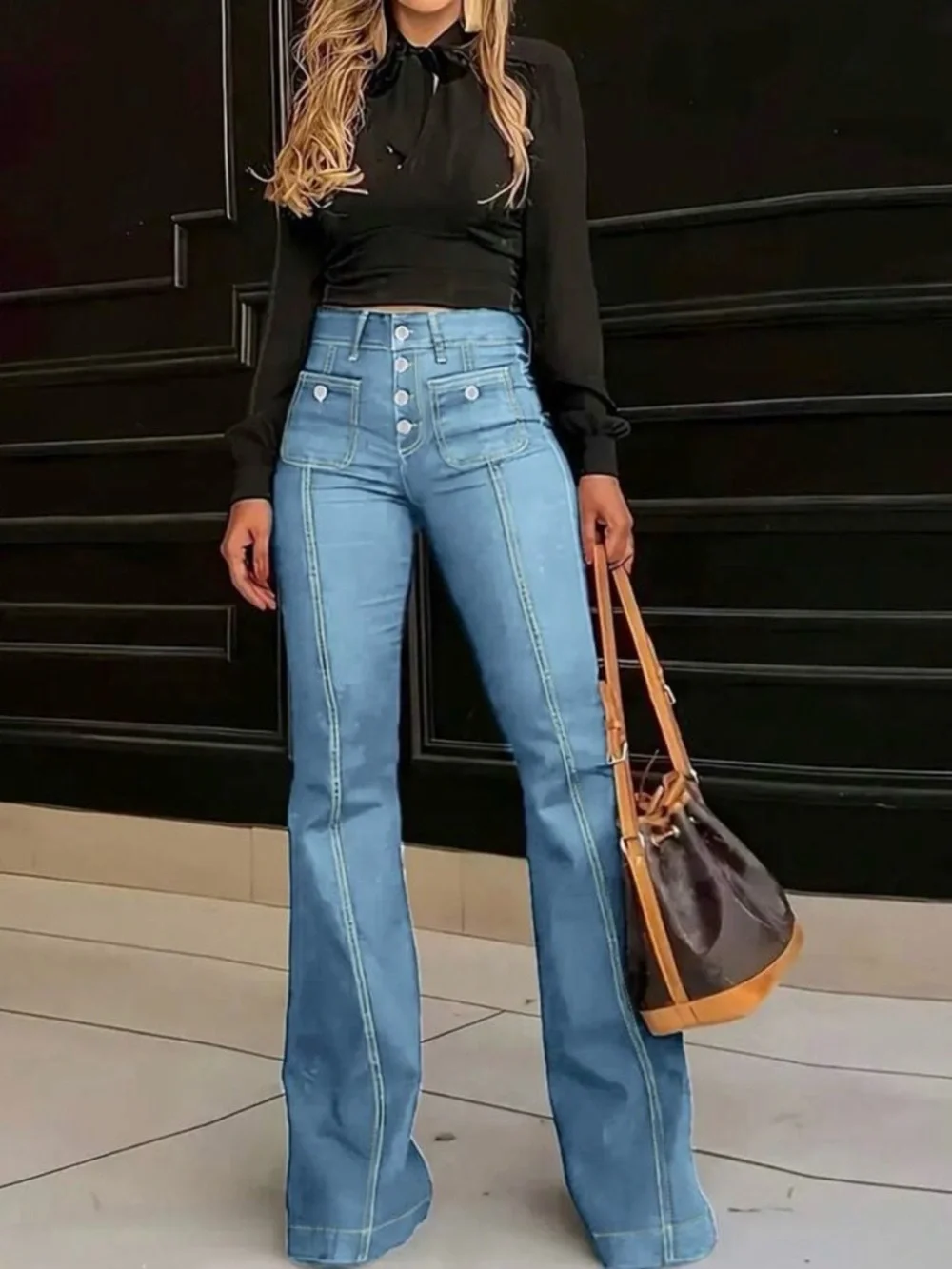High-Rise Light Blue Flare Jeans with Double Front Pockets - Picture 4 of 5